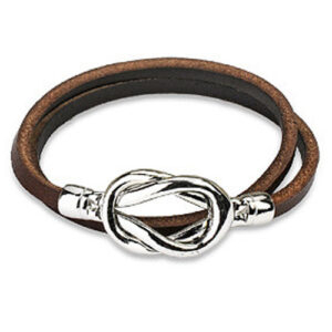 Δερμάτινο Βραχιόλι Brown Leather Double Loop Bracelet Steel Knot Closure Design