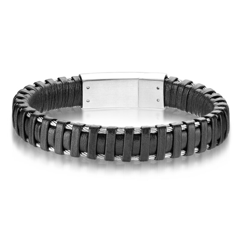 Δερμάτινο Βραχιόλι High Quality Micro Fiber Leather Stainless Steel Bracelet Black