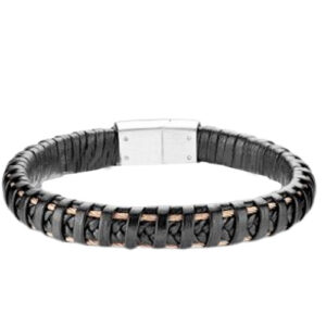 Δερμάτινο Βραχιόλι High Quality Micro Fiber Leather PVD Rose Gold Stainless Steel Bracelet Black